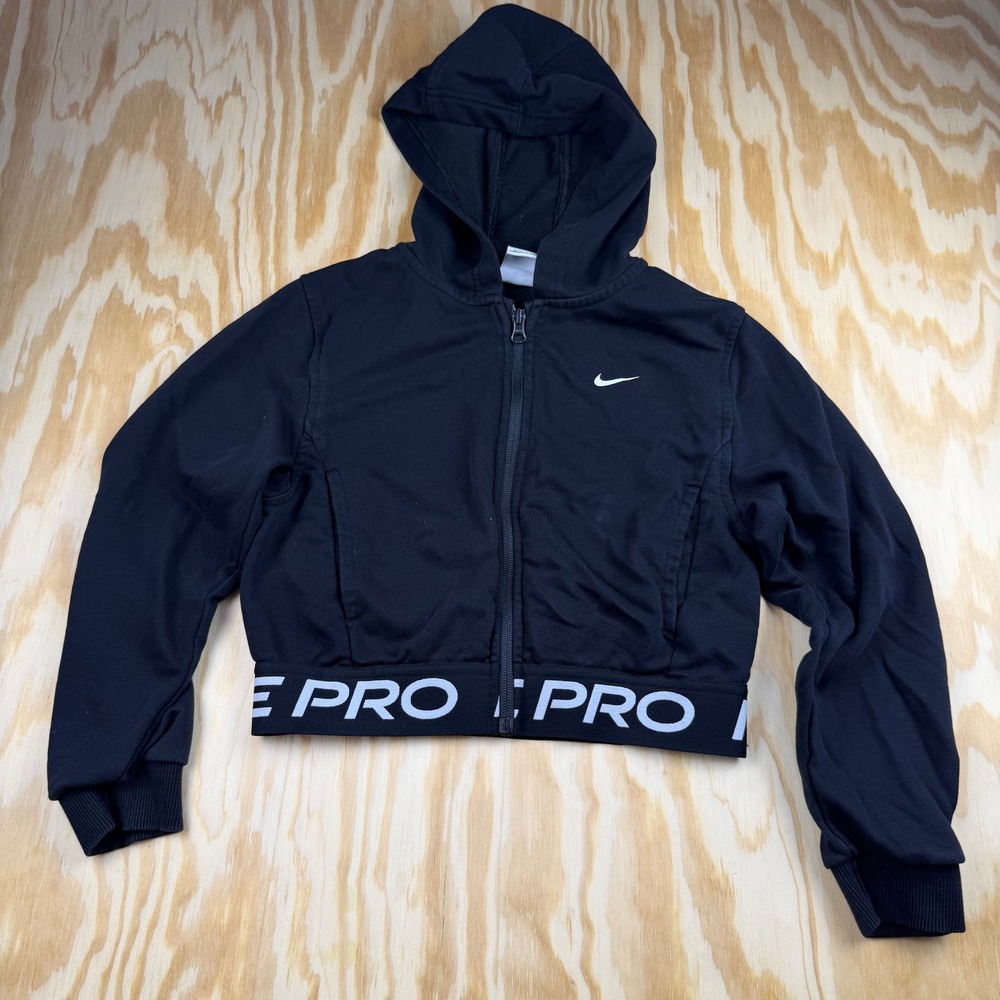 Nike Pro Dri-FIT Womens Black Full Zip Cropped Hoodie Sweatshirt Size M